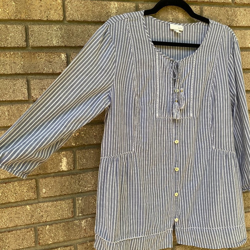 J. JILL Blue Striped Cotton Button Down Tassel Top
